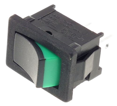 Miniature Rocker switch - Single pole, on/off (Green)