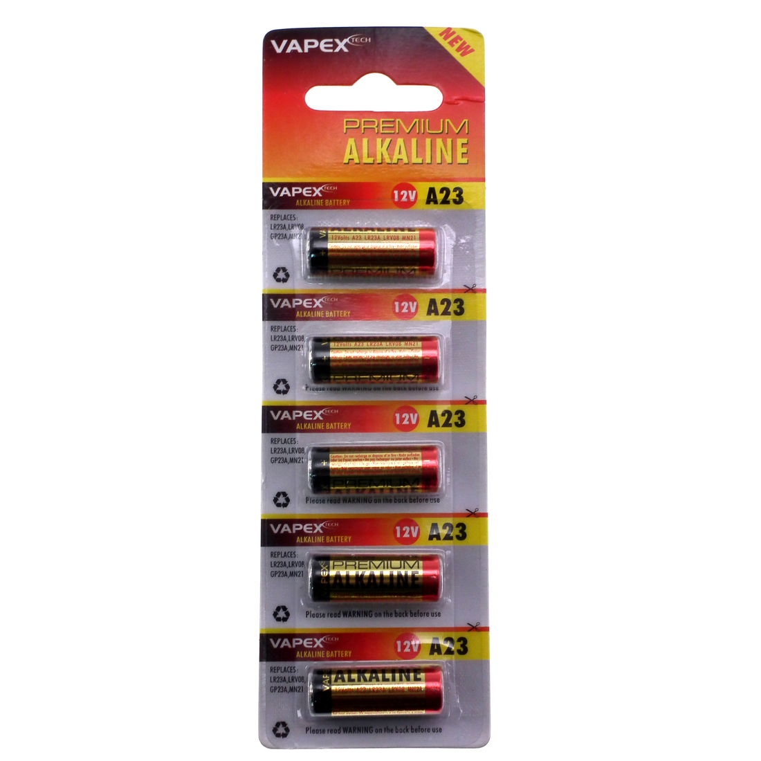 Vapex 12v Alkaline 23A Battery (A23, MN21, L1028) pack of 5