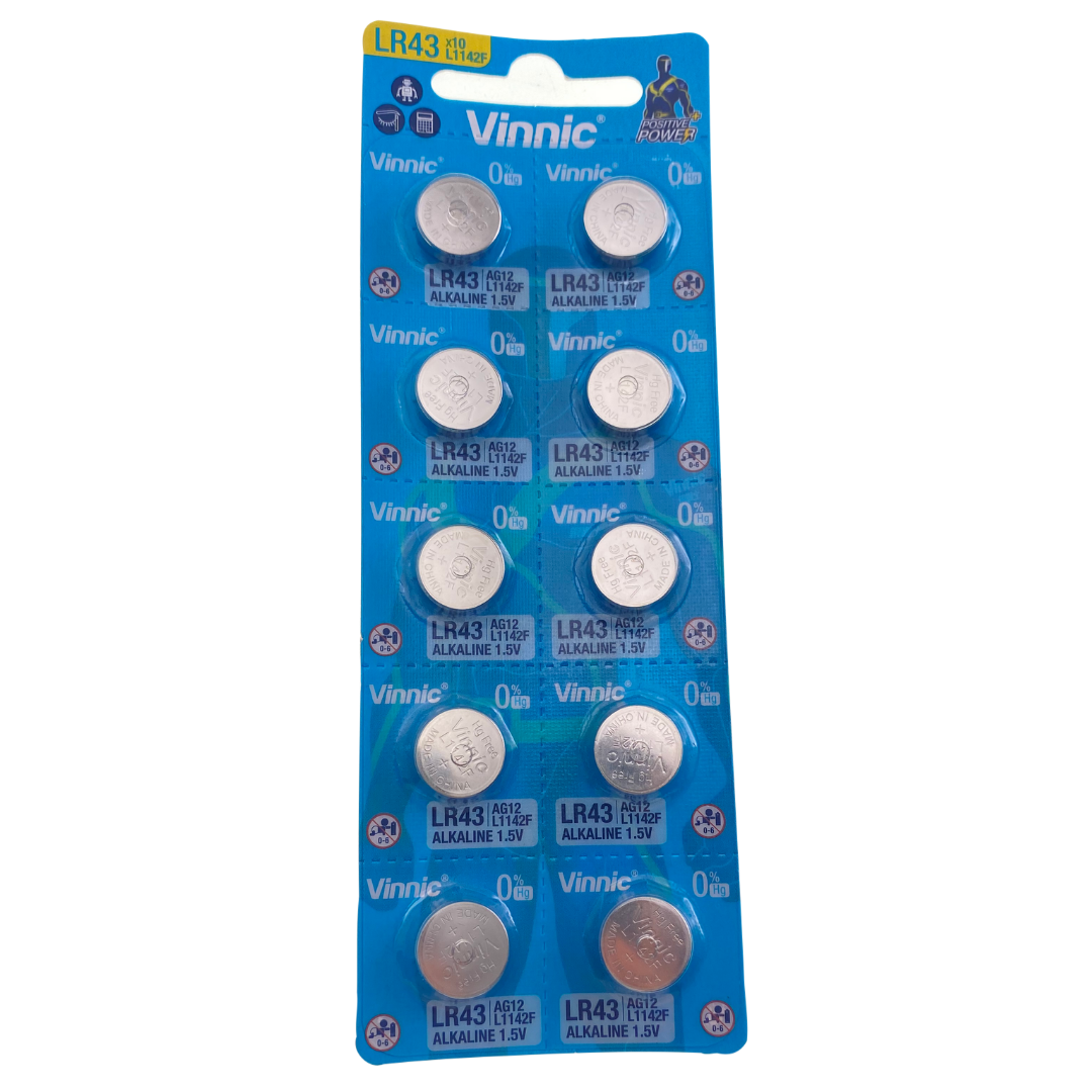 AG12 (LR43, LR1142, 301, 386) 1.5V Alkaline Button Coin Cell Battery Pack of 10