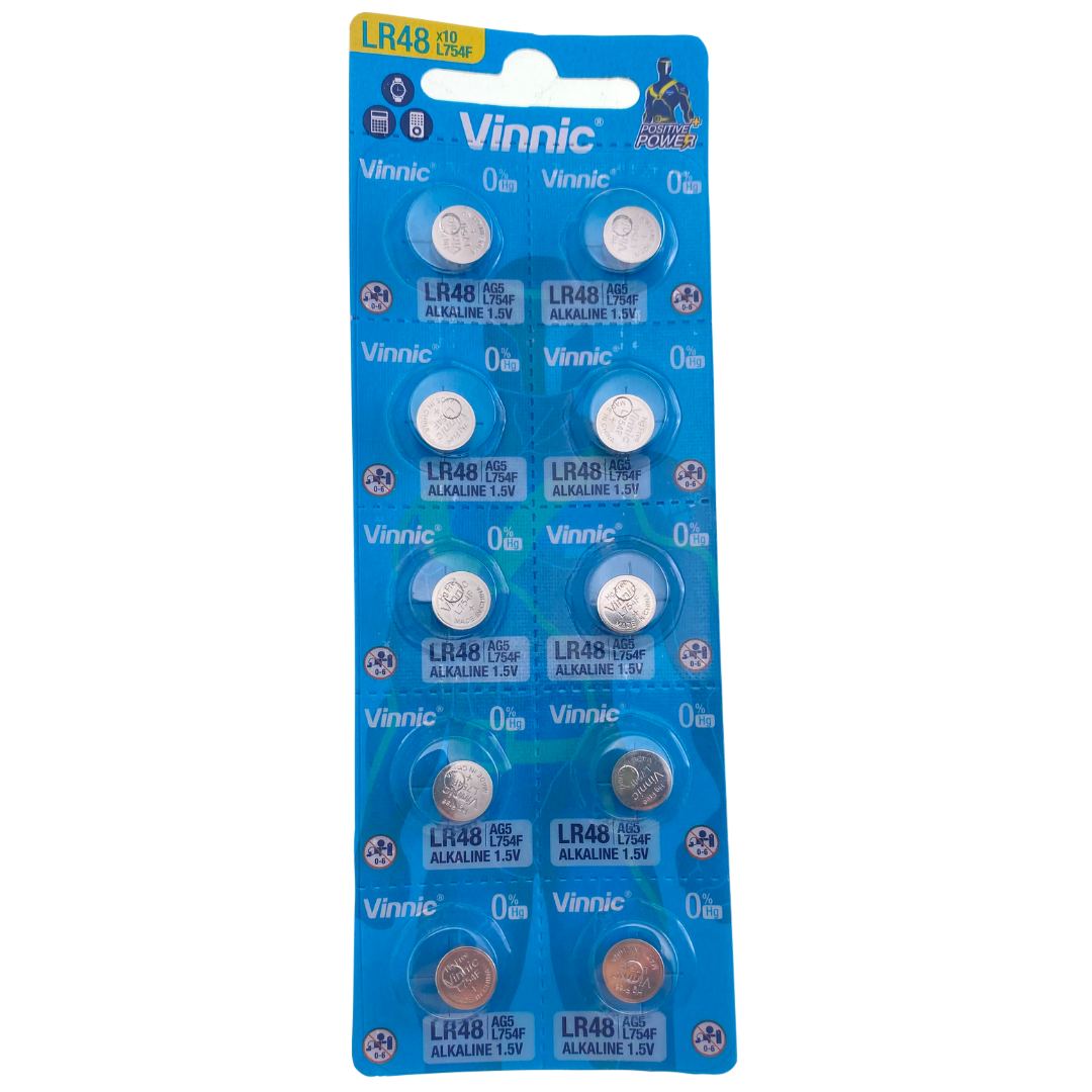 AG5 (LR48, LR754, 309, 393) Alkaline Button Coin Cell Battery pack of 10