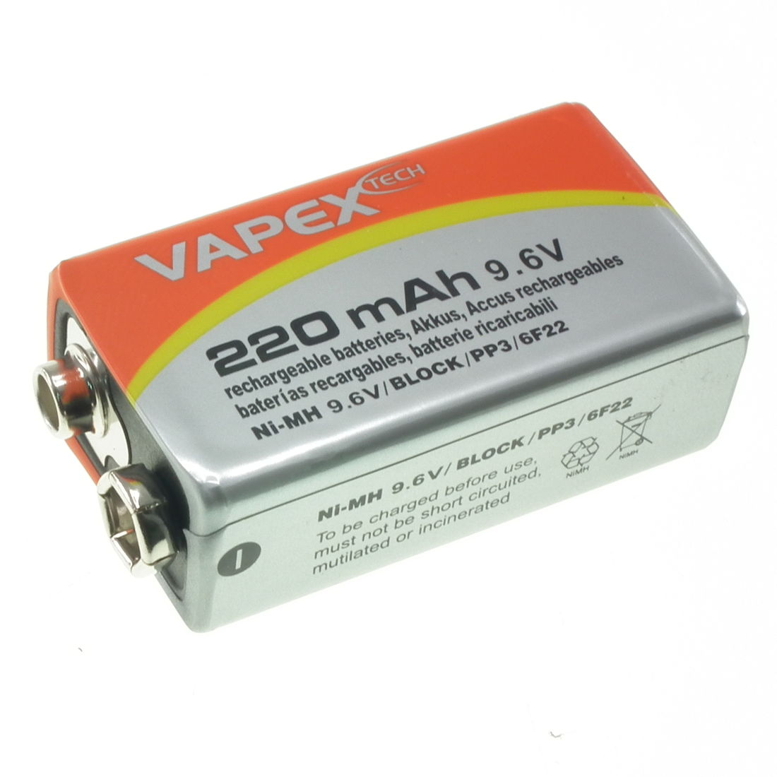 9.6V 220mAh NiMH PP3 battery