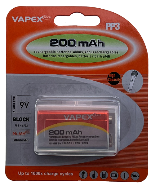 8.4V 200mAh PP3 NiMH Rechargeable Battery (9V PP3 replacement) Vapex